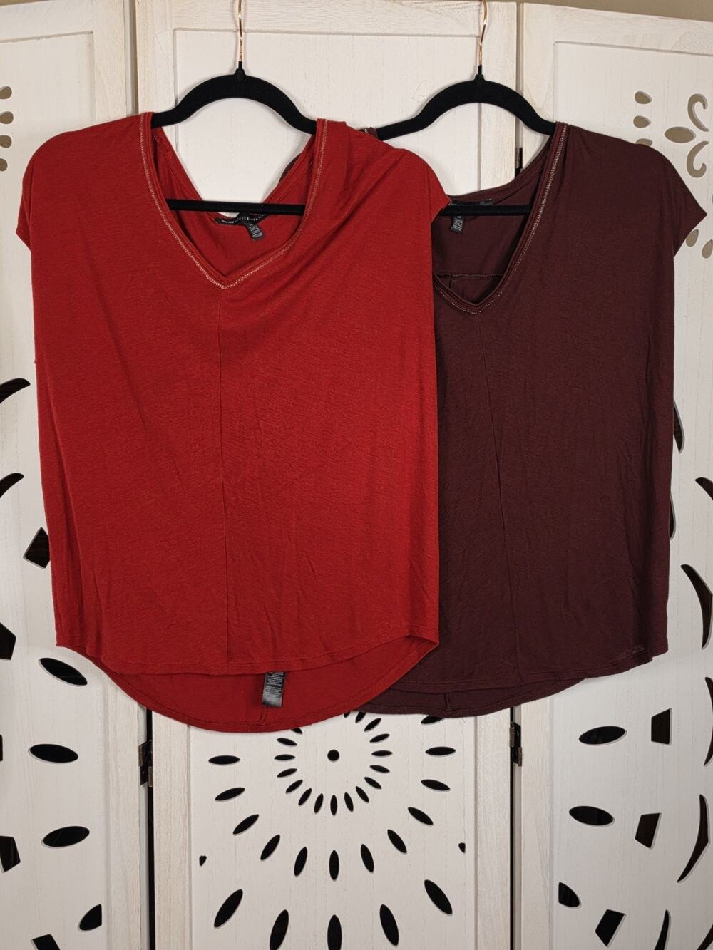 Two White House BlacK Market Red and Burgandy V Neck T Shirt with Gold Thread